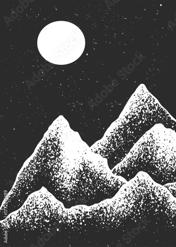 Grain stippled texture mountain range. Spray Painted mountain landscape on vintage style. use for print art, poster, cover, banner