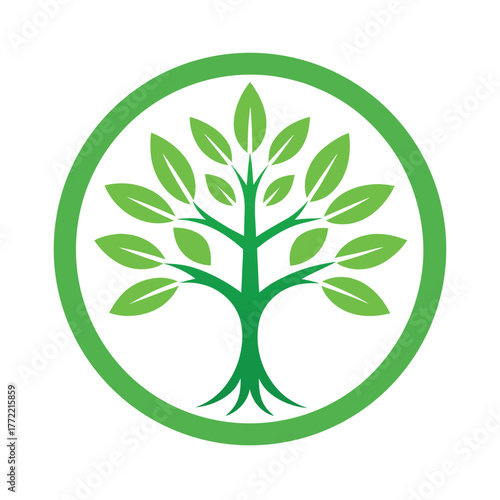 Simple green tree of life with bright green leaves inside a green circle stylized tree