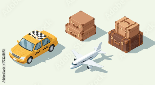 Isometric travel scene featuring a taxi airplane and luggage ready for vacation time