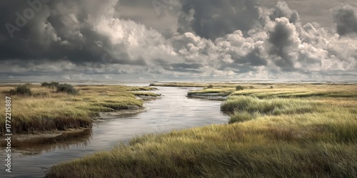 Una extensa marisma bañada por la luz crepuscular bajo un cielo tormentoso.