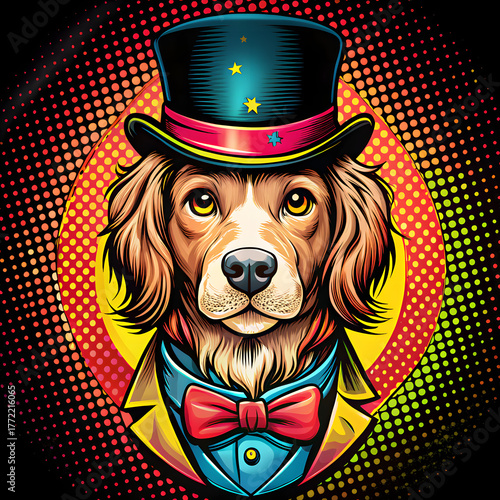 Colorful dog portrait wearing a top hat and bow tie in a vibrant circus theme
