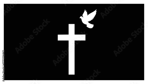 Christian cross with dove of peace on black background