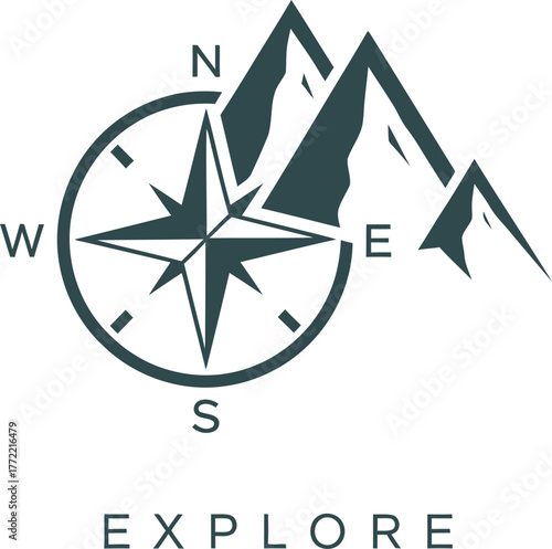 Compass and mountain peaks symbolizing adventure and exploration in nature