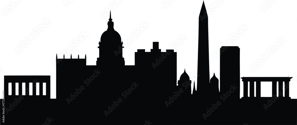 Obraz premium Washington DC Skyline Silhouette Vector Illustration with Iconic Landmarks, Washington D.C. Skyline Silhouette Icon Vector Design.