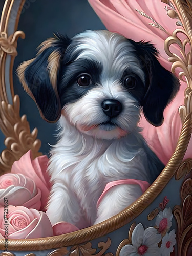 Cute puppy hiding in a children's basket with roses and decorative elements