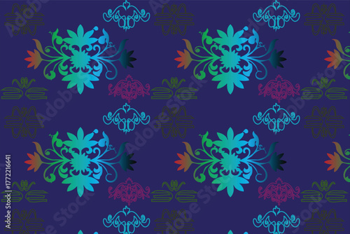 Luxury Ornamental Seamless Pattern with Gradient Floral Motifs on Dark Purple Background