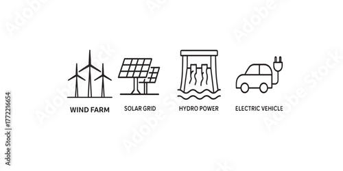 Print  Renewable Energy Infrastructure Line Icons — wind farm, solar grid, hydro power, electric vehicle vector