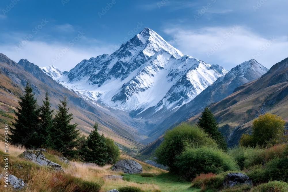 Fototapeta premium Snowcapped mountain peak rising above a valley