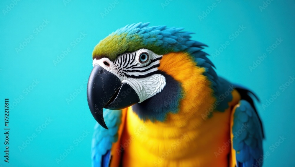 Fototapeta premium Close-up portrait of a vibrant blue and gold macaw parrot facing left