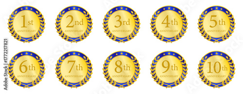 青と金の星模様をあしらった周年記念メダルセット｜エレガントな1周年から10周年までの数字入りベクターエンブレム