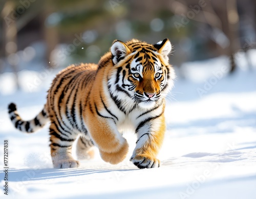 A close-up of a tiger walking through the snow
