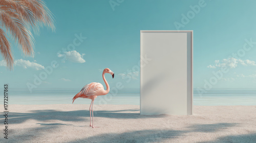 Flamingo on a beach near a white door, under a blue sky.