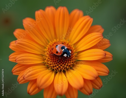 A close-up of a ladybug on an orange flower with a blurred green background