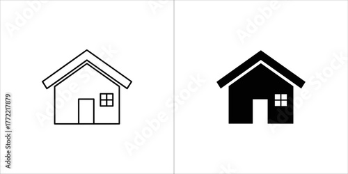 Simple house icon with roof, door, and window for web design