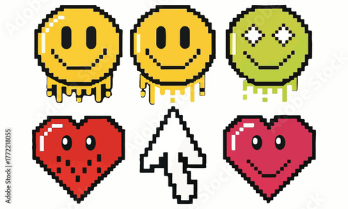 Pixel Art Emoji Set – Retro Smiley Faces, Hearts, and Cursor Vector Icons .