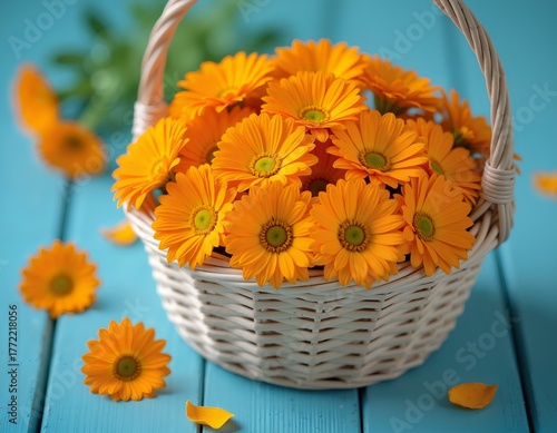 A white wicker basket filled with bright orange daisies on a turquoise wooden surface