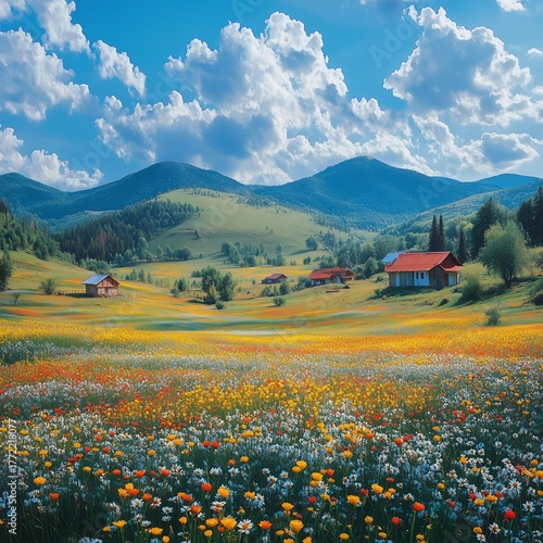 Summer meadow landscape with blue sky, white clouds and colorful wildflowers, green grass field with distant mountains and trees, nature scene, wide angle view, vibrant colors