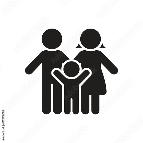 Illustration of a family with a child, depicted in a simple black silhouette against an isolated on white background, symbolizing unity and love.
