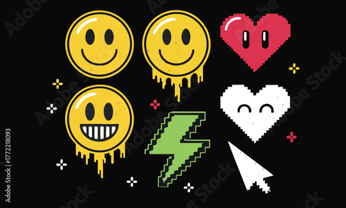Pixel Art Emoji Set – Retro Smiley Faces, Hearts, and Cursor Vector Icons .