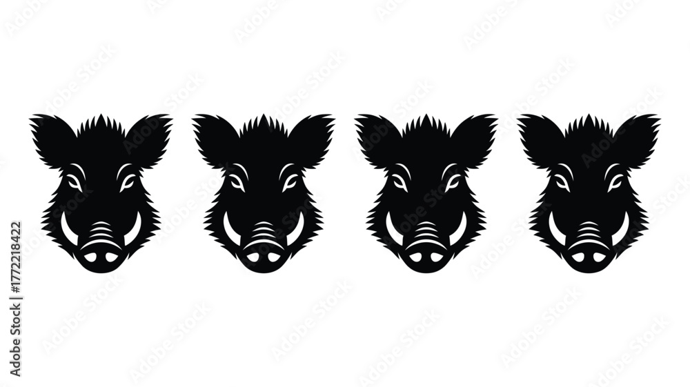Obraz premium Bold black wild boar heads in a striking lineup, perfect for powerful branding and dynamic sports logos
