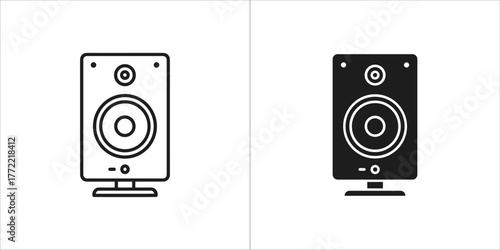 Two icons of a speaker, one outline and one filled