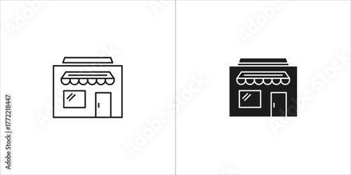 Simple line art and solid black icon of a storefront