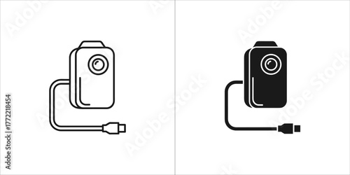 Line art and solid black icon of a body camera with cable