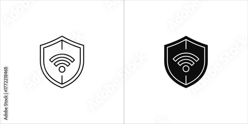 Illustration of a wifi signal inside a shield, in outline and solid style