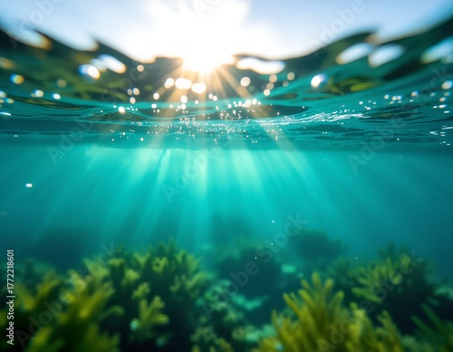 A bright sunlight shines through the water, creating rays of light filtering through the surface of the water