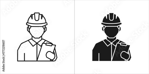 Construction worker with clipboard icon, in outline and glyph style