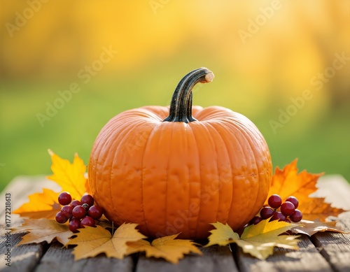 A small orange pumpkin sitting on a wooden surface surrounded by autumn leaves and berries