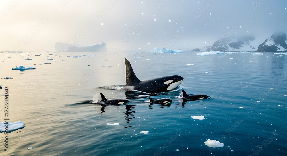 Fototapeta premium Orca pod swims in frigid arctic waters with icebergs around