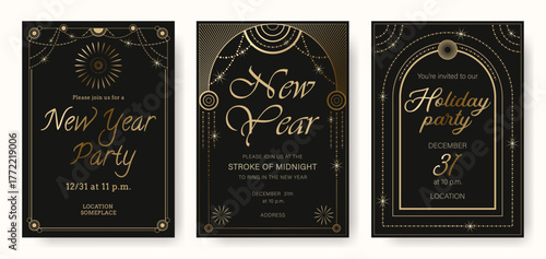 New year party templates invitation. Stroke of midnight events. Art deco vector layouts for holidays, posting on social media.