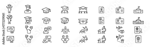University education and study abroad outline icon set – graduation, diploma, student ID, certificate, campus, passport, visa, and international study symbols, academic achievement outline icon set