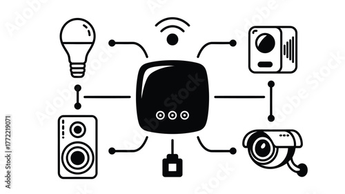 Smart home hub connecting light bulb, speaker, camera, and device for seamless automation and modern living