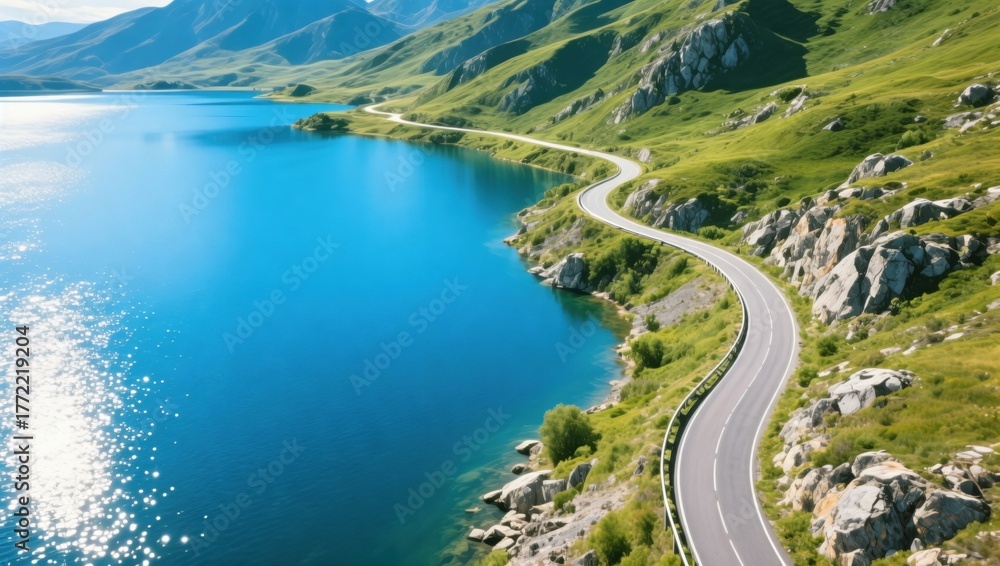 Fototapeta premium Winding shoreline concept Drone view of mountain road curving along blue lake shore background, cinematic aerial travel background for nature and landscape inspiration
