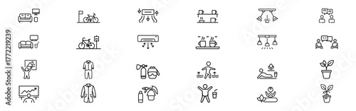 Office Equipment and Workplace Wellness Outline Icons Set – Furniture, Lighting, Relax Zone, Break Time, Recycling, Indoor Plants, Clean Environment, Fitness, and Sustainability Flat Line Vector Icons