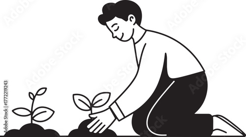 Person Planting Seedlings Icon – Gardening and Sustainability Vector