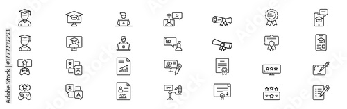 Online Learning and Certificate Outline Icons Set – Virtual Education, Distance Learning, Webinar, Video Course, Diploma, Achievement, E-Learning Platform, Teacher, Student, Knowledge Growth Flat 