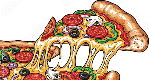 Delicious pizza slice with melting cheese and toppings ready to be served hot now