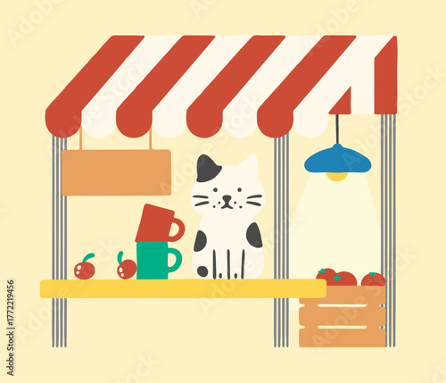 Cat and Stall Displaying Goods