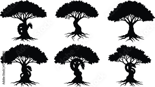 Fantasy tree silhouettes with dragon design, mythical nature illustration, magical forest art, eco concept, fantasy background, wildlife symbol, enchanted landscape