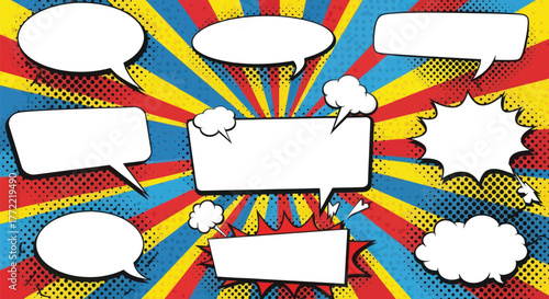 Dynamic comic book style template with dialogue balloons for vibrant creative projects and impactful storytelling