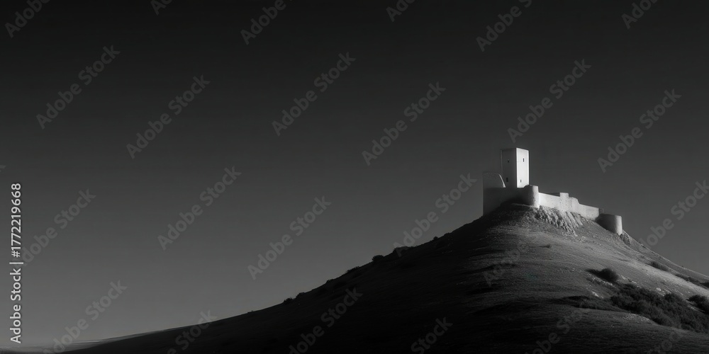 Fototapeta premium Una fortaleza imponente se alza sobre una colina escarpada bajo un cielo crepuscular.