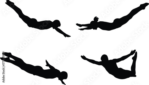 Silhouette of people diving in different positions, skydiver motion poses, vector illustration, dynamic athlete movement concept, isolated black figure art design
