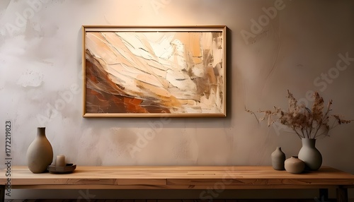 An abstract painting in a room with a wooden table and flower vases on the right and left sides, light brown walls