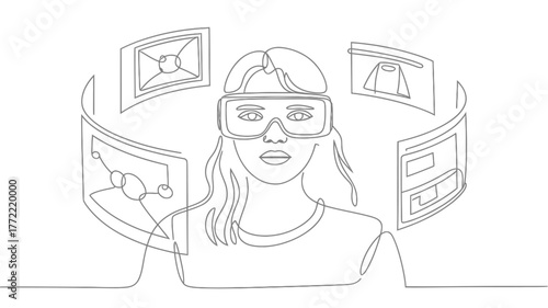 Immersive virtual reality experience with a woman exploring digital interfaces and futuristic screens, showcasing innovation and technological advancement.