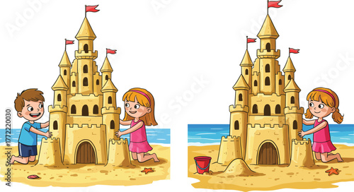 Happy children building big sandcastle on beach, summer vacation activity, seaside fun, cartoon illustration, family holiday, outdoor play, ocean lifestyle.