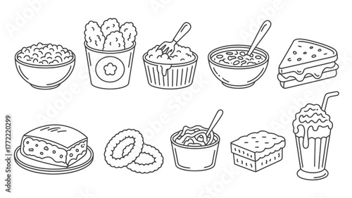 Delightful collection of doodle-style fast food icons including sandwiches, fried chicken, soup, fries, and milkshakes for your projects.