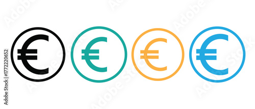 Modern euro currency icons set in black, teal, orange, and blue  minimalist finance vector symbols for banking, business, and payment design
